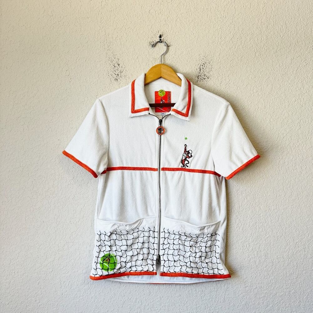 TOMBOLO Fault One Tennis Cabana Shirt Unisex XS White Terry Full Zip SS Vacation